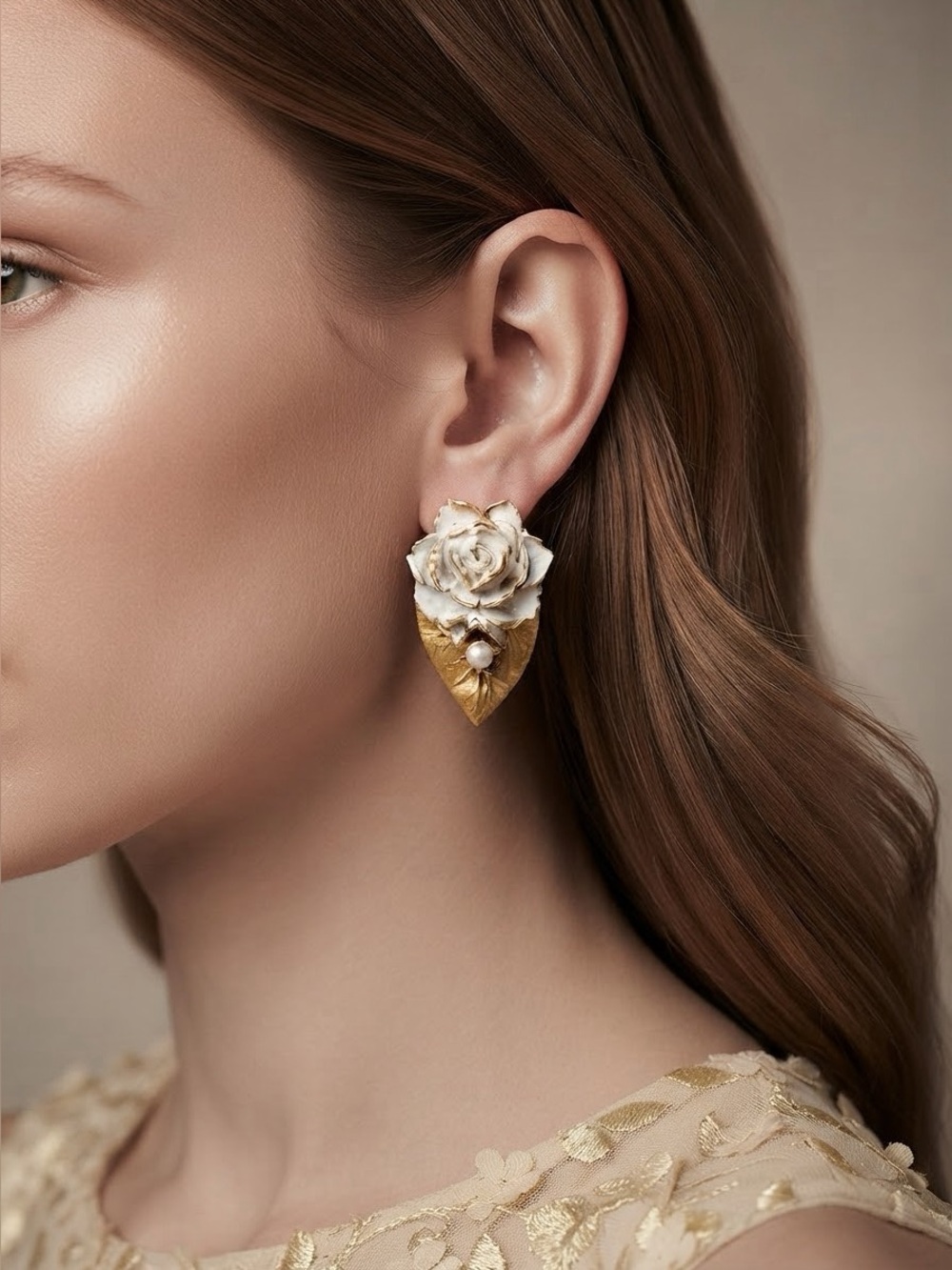 Vintage White Rose Drop Earrings | Gold Tone Faux Pearl Floral Earrings